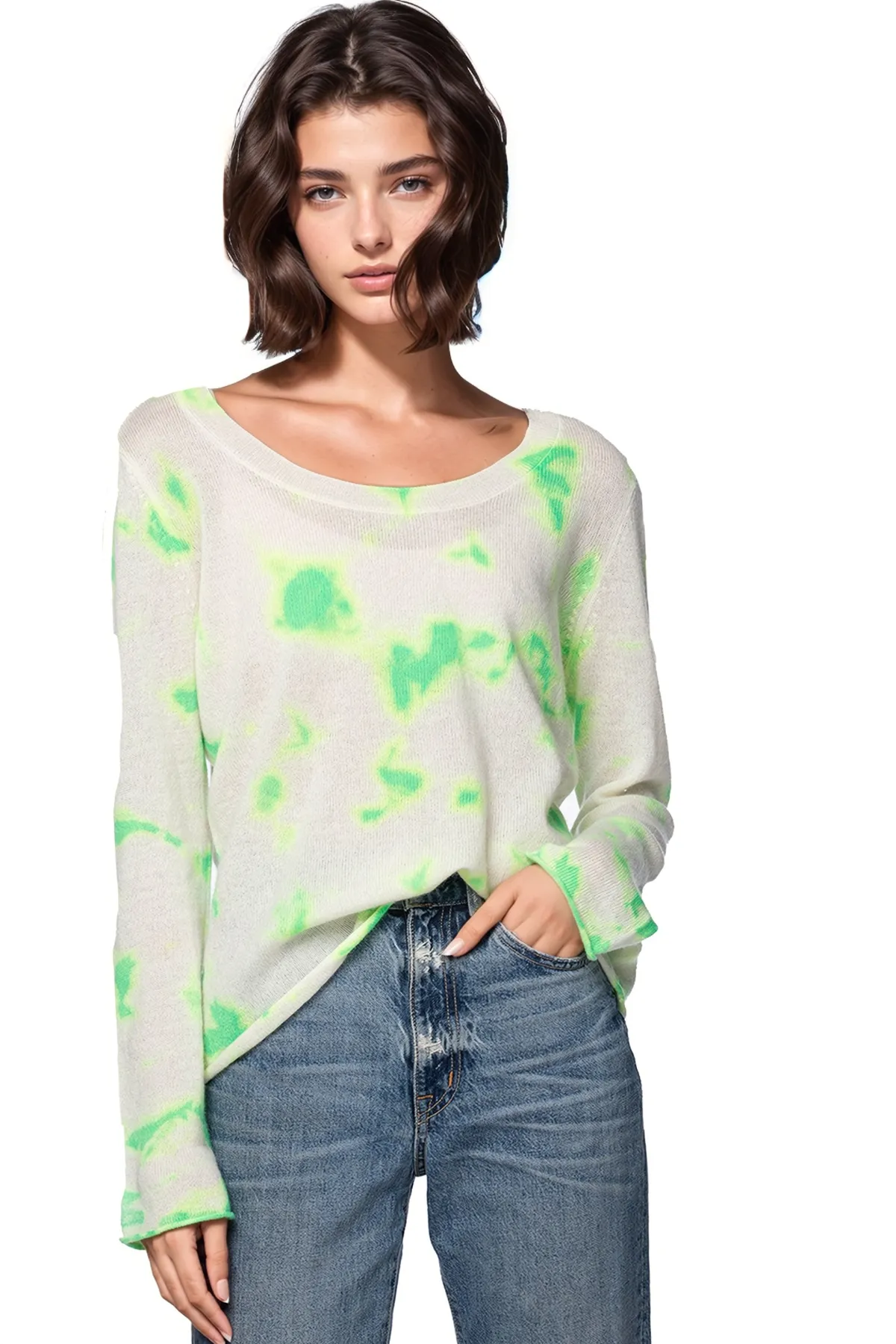 100% Cashmere Tie Dye Off Shoulder Cashmere Sweater in Ocean Colors