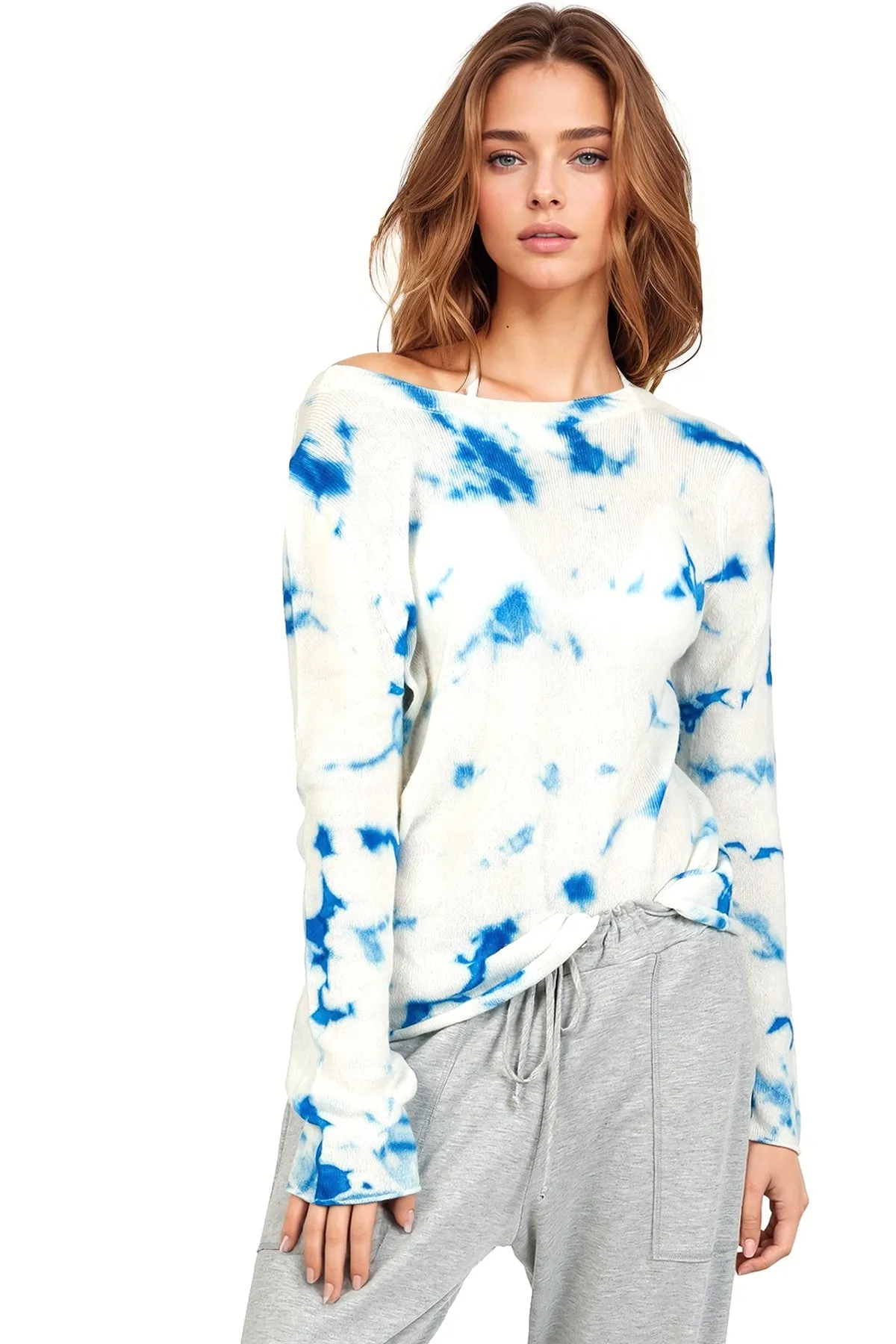 100% Cashmere Tie Dye Off Shoulder Cashmere Sweater in Ocean Colors