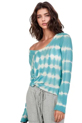 100% Cashmere Tie Dye Off Shoulder Cashmere Sweater in Ocean Colors