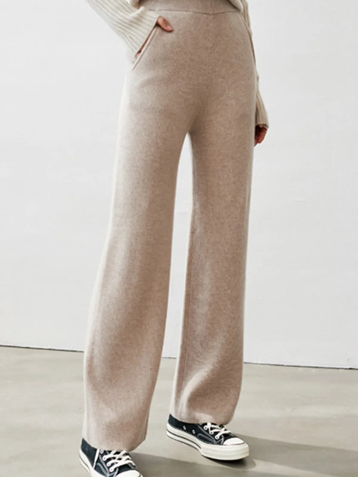 100% Pure Cashmere Loose-Fit High-Waisted Knitted Wide-Leg Pants