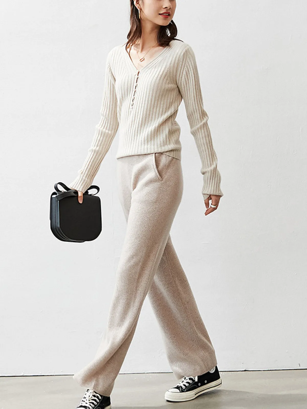 100% Pure Cashmere Loose-Fit High-Waisted Knitted Wide-Leg Pants