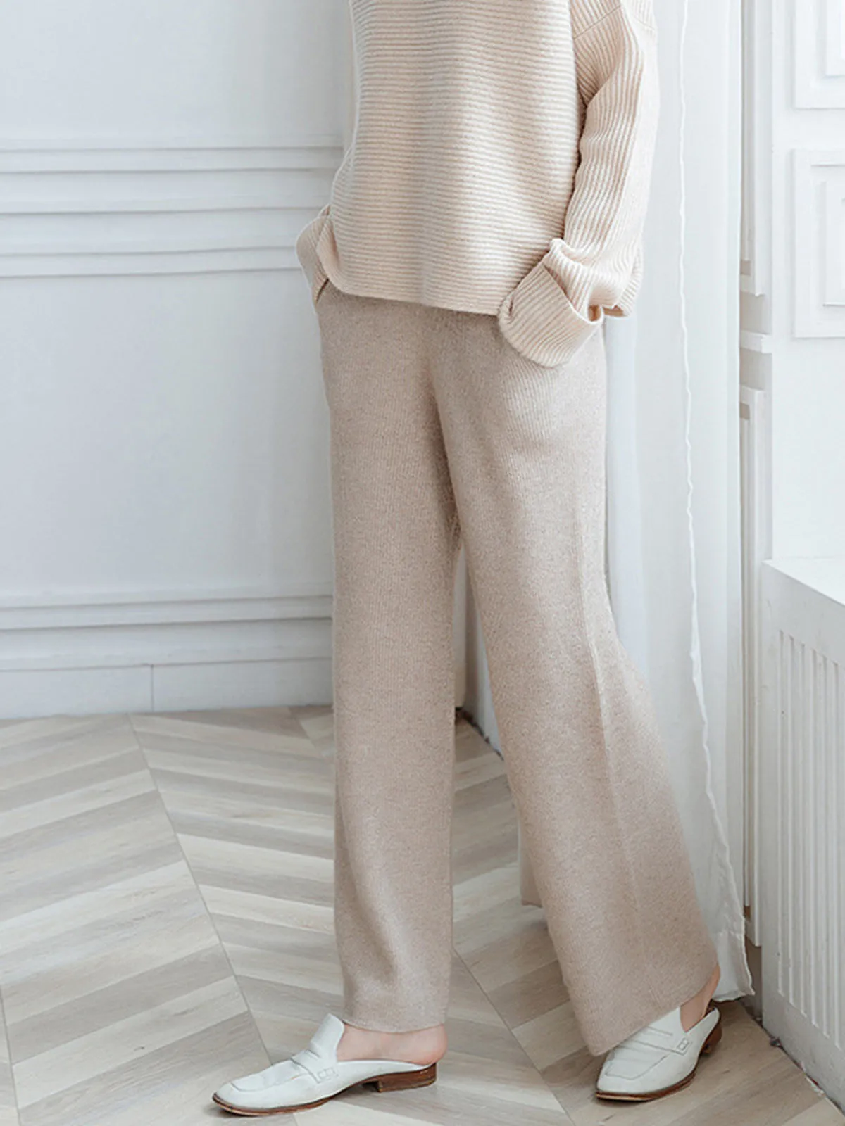 100% Pure Cashmere Loose-Fit High-Waisted Knitted Wide-Leg Pants