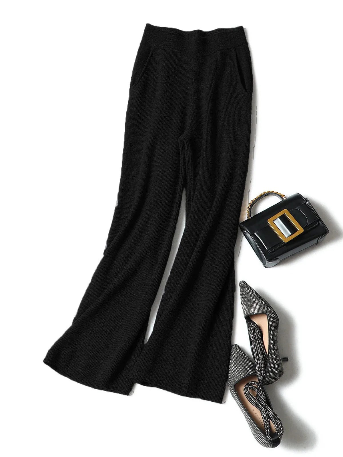 100% Pure Cashmere Loose-Fit High-Waisted Knitted Wide-Leg Pants