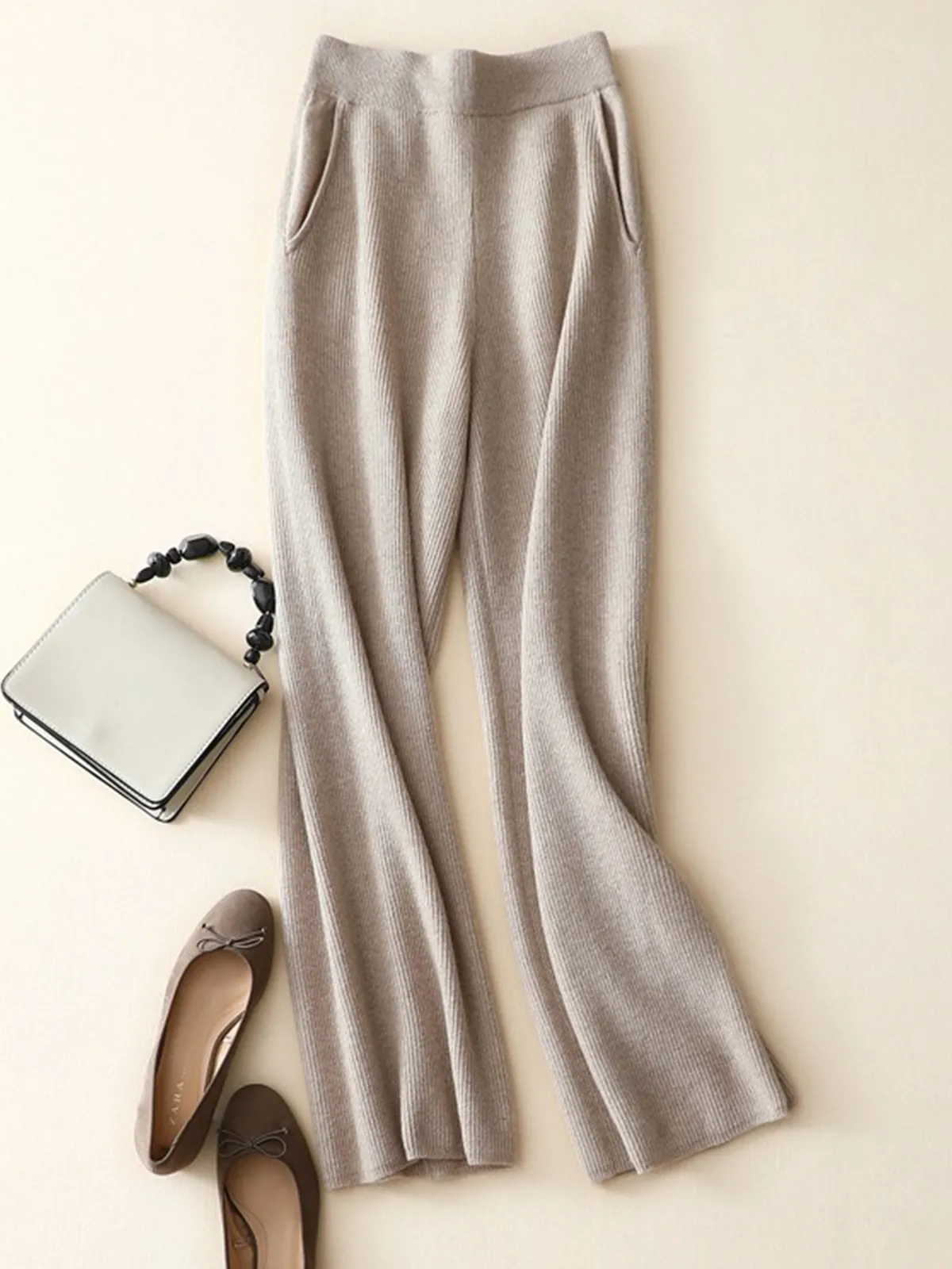 100% Pure Cashmere Loose-Fit High-Waisted Knitted Wide-Leg Pants