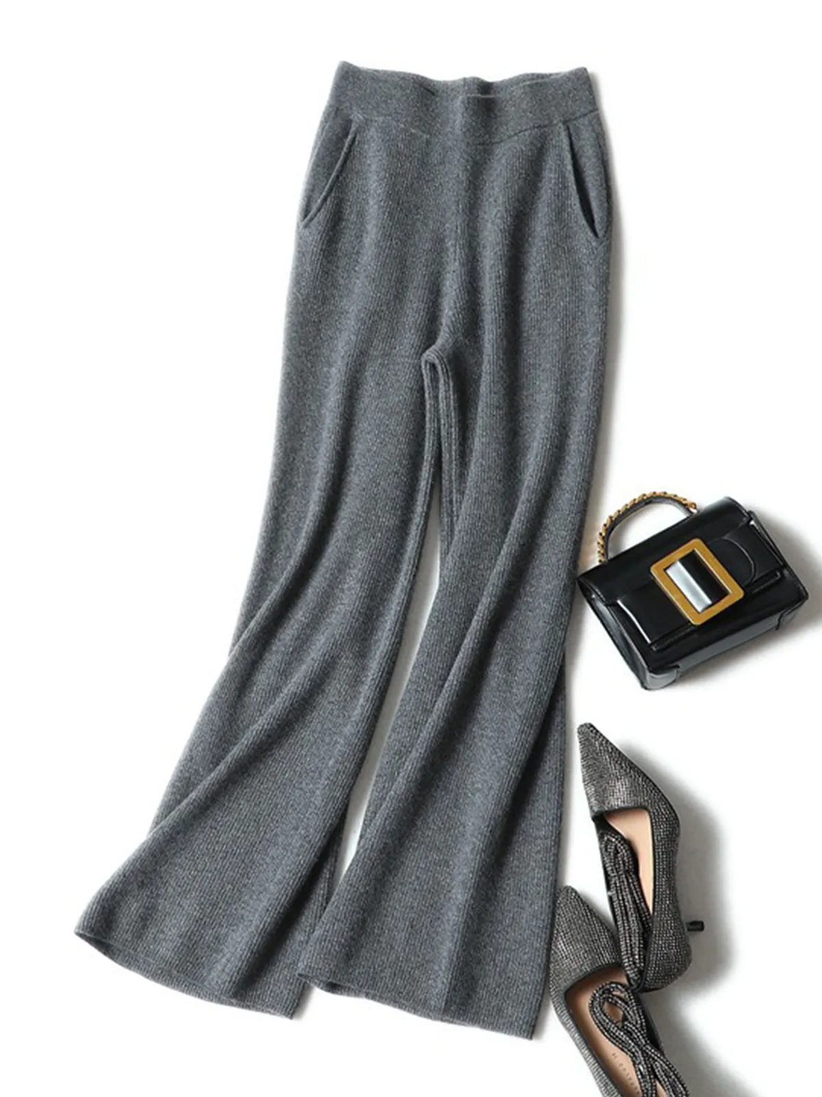 100% Pure Cashmere Loose-Fit High-Waisted Knitted Wide-Leg Pants