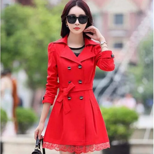 1PC Trench Coat For Women Spring Coat Double Breasted Lace Casaco Feminino Autumn Outerwear Abrigos Mujer Z015