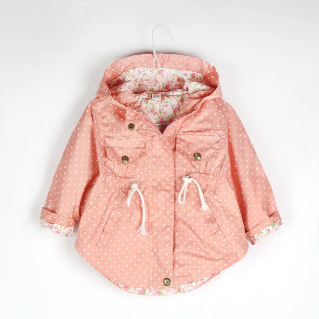 2016 New Spring Autumn Hooded Kids Jackets Long Sleeve Polka Dot Print Fashion Girls Windbreaker Coat Casual Waist Girls Jackets