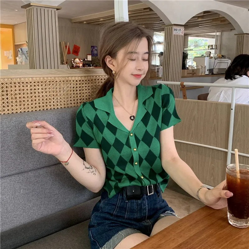 2022 Summer plaid checkered knitted cardigan women top loose polo shirt one size