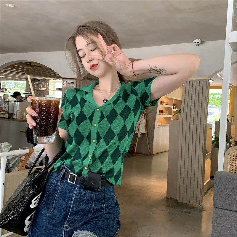 2022 Summer plaid checkered knitted cardigan women top loose polo shirt one size