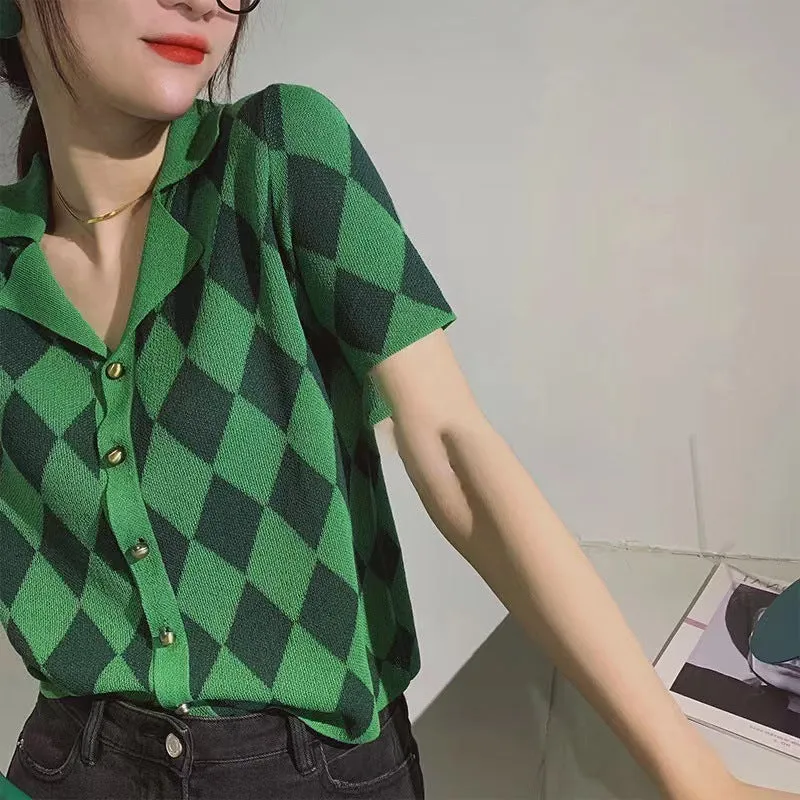 2022 Summer plaid checkered knitted cardigan women top loose polo shirt one size