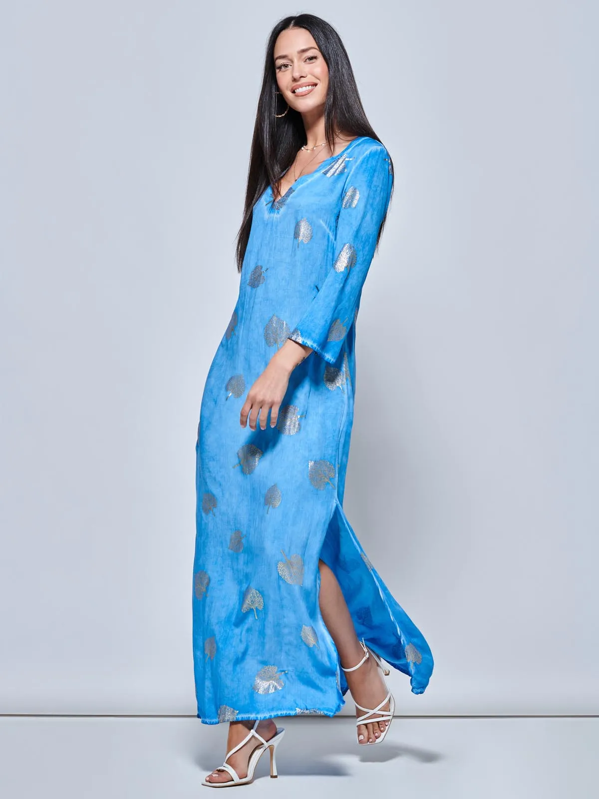 3/4 Sleeve Loose Fit Holiday Tunic Maxi Dress, Blue Pattern