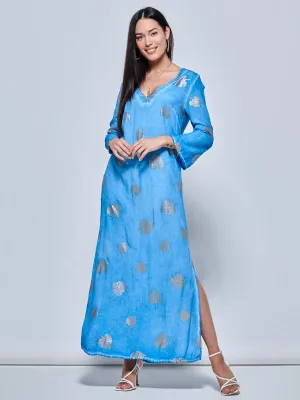 3/4 Sleeve Loose Fit Holiday Tunic Maxi Dress, Blue Pattern