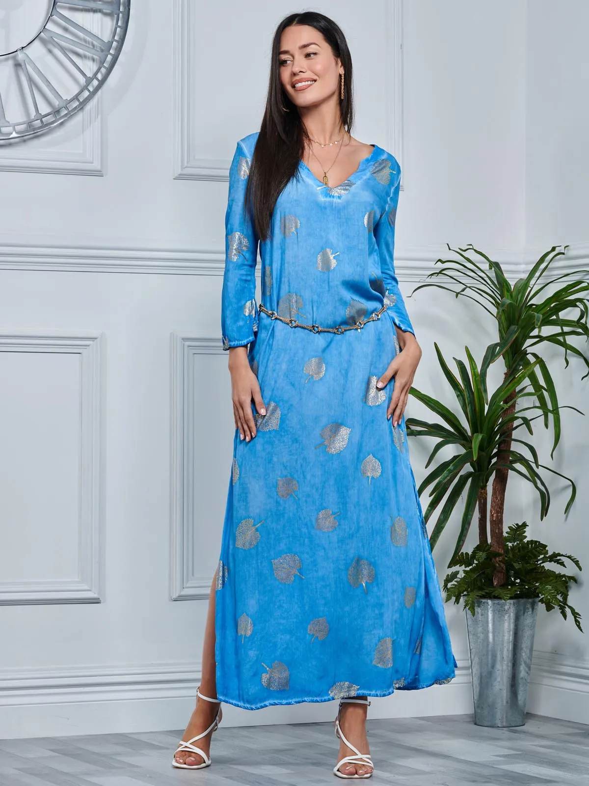 3/4 Sleeve Loose Fit Holiday Tunic Maxi Dress, Blue Pattern