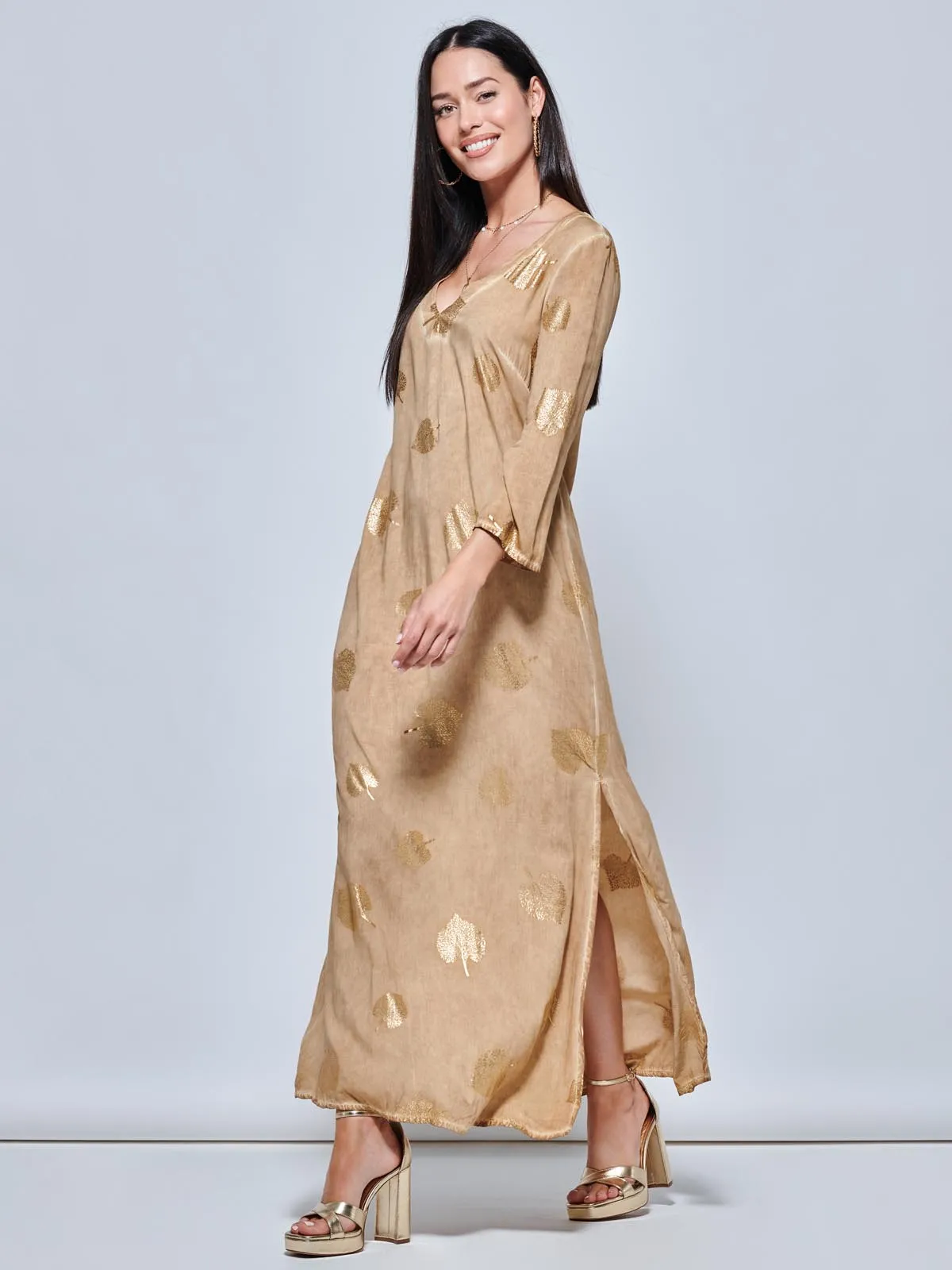 3/4 Sleeve Loose Fit Holiday Tunic Maxi Dress, Khaki Pattern