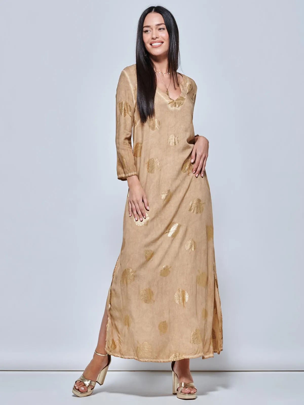 3/4 Sleeve Loose Fit Holiday Tunic Maxi Dress, Khaki Pattern