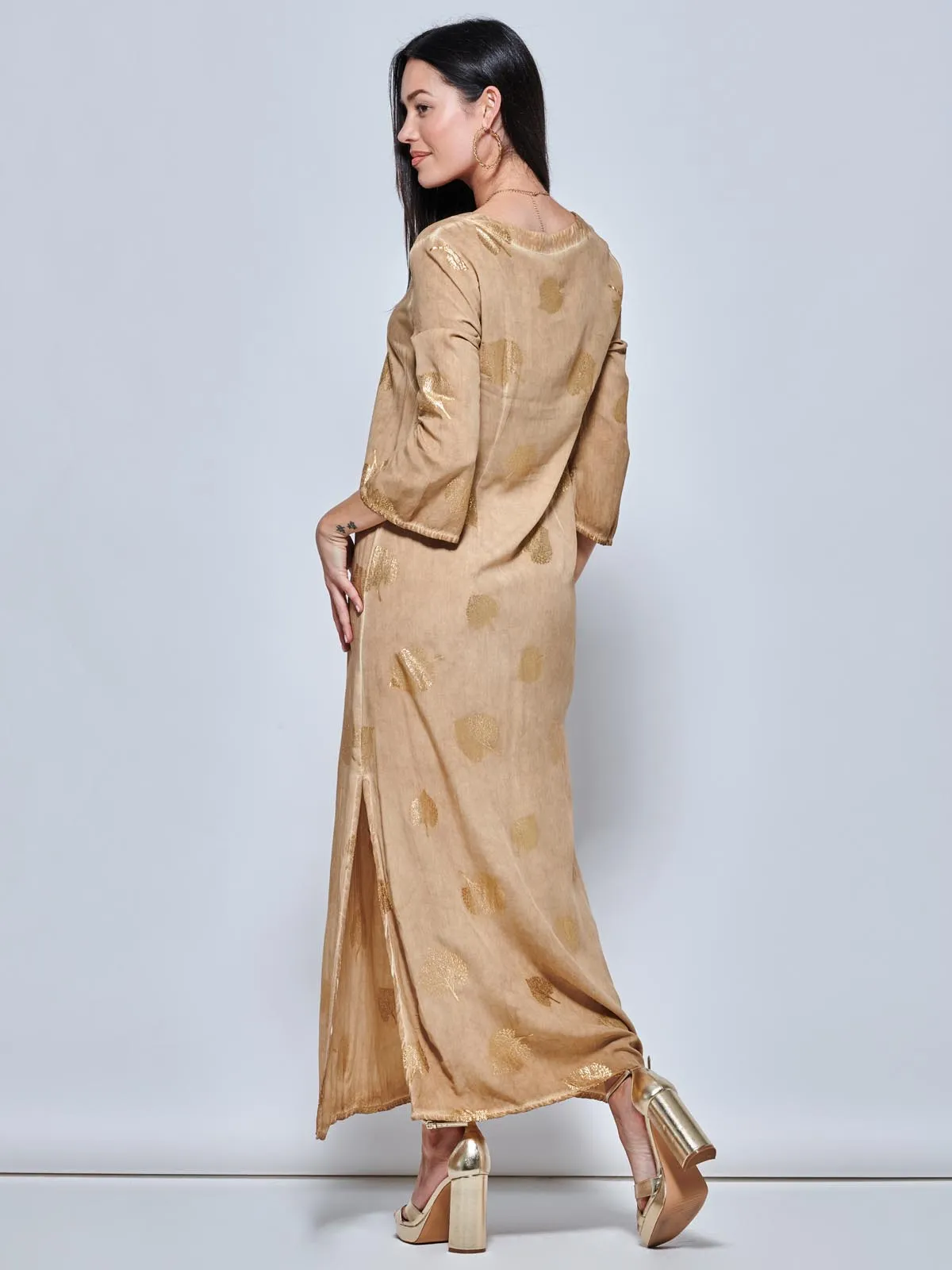 3/4 Sleeve Loose Fit Holiday Tunic Maxi Dress, Khaki Pattern