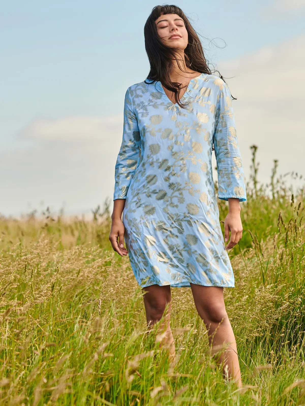 3/4 Sleeve Printed Midi Tunic Holiday Dress, Blue Abstract