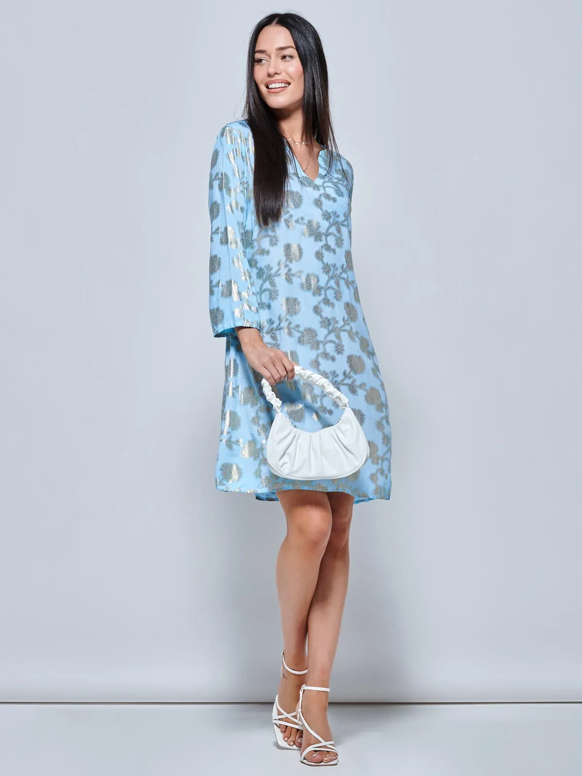 3/4 Sleeve Printed Midi Tunic Holiday Dress, Blue Abstract