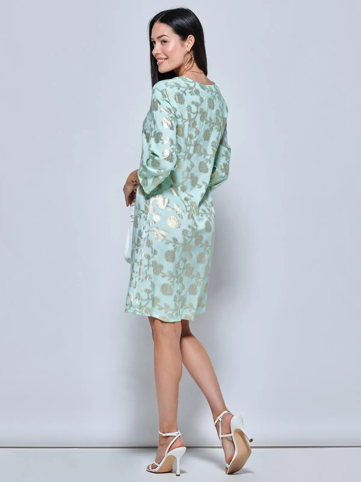 3/4 Sleeve Printed Midi Tunic Holiday Dress, Green Abstract