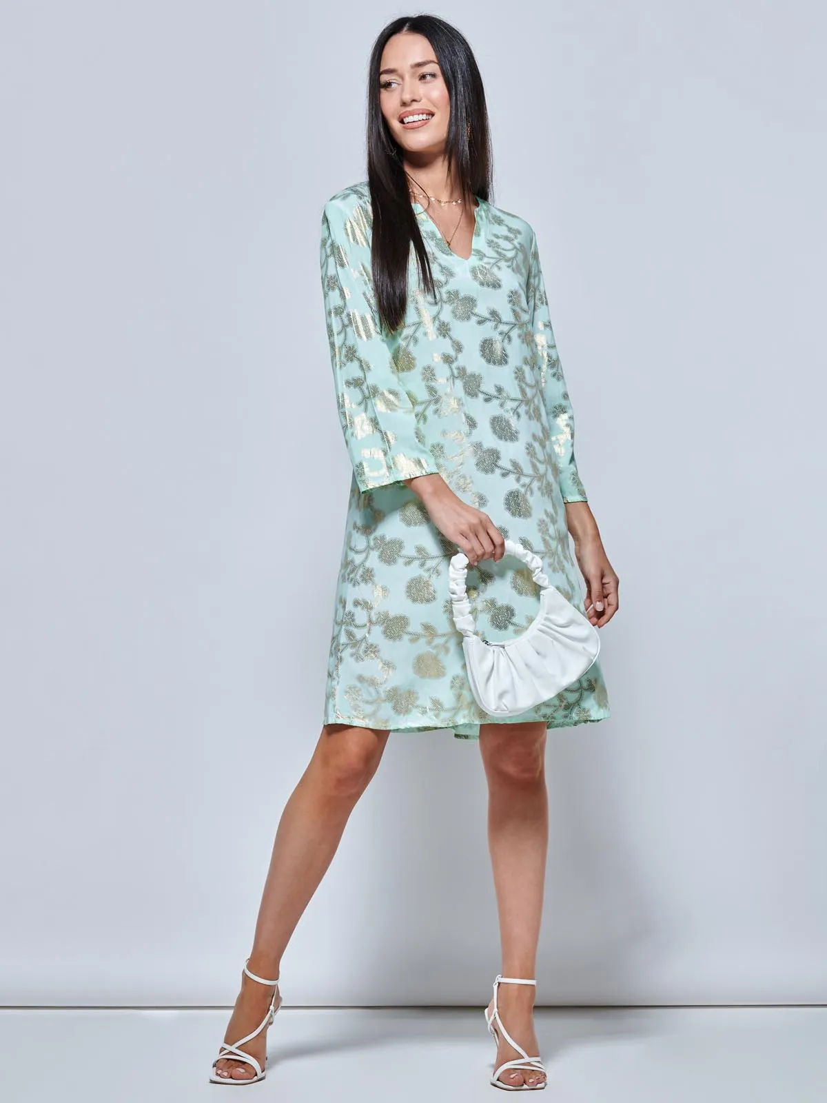 3/4 Sleeve Printed Midi Tunic Holiday Dress, Green Abstract