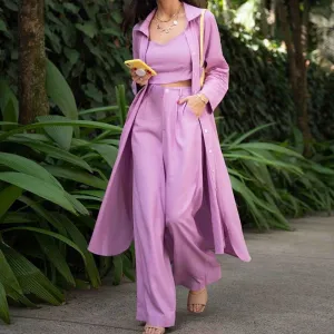 3Pcs Crop Top, Wide Leg Pants with Trench Coat