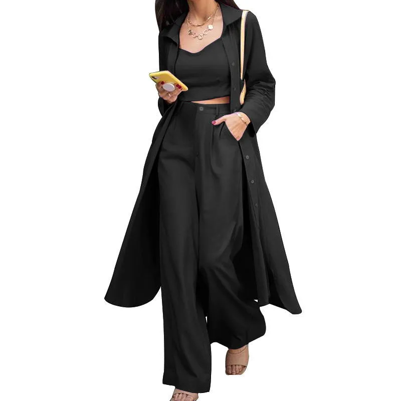 3Pcs Crop Top, Wide Leg Pants with Trench Coat