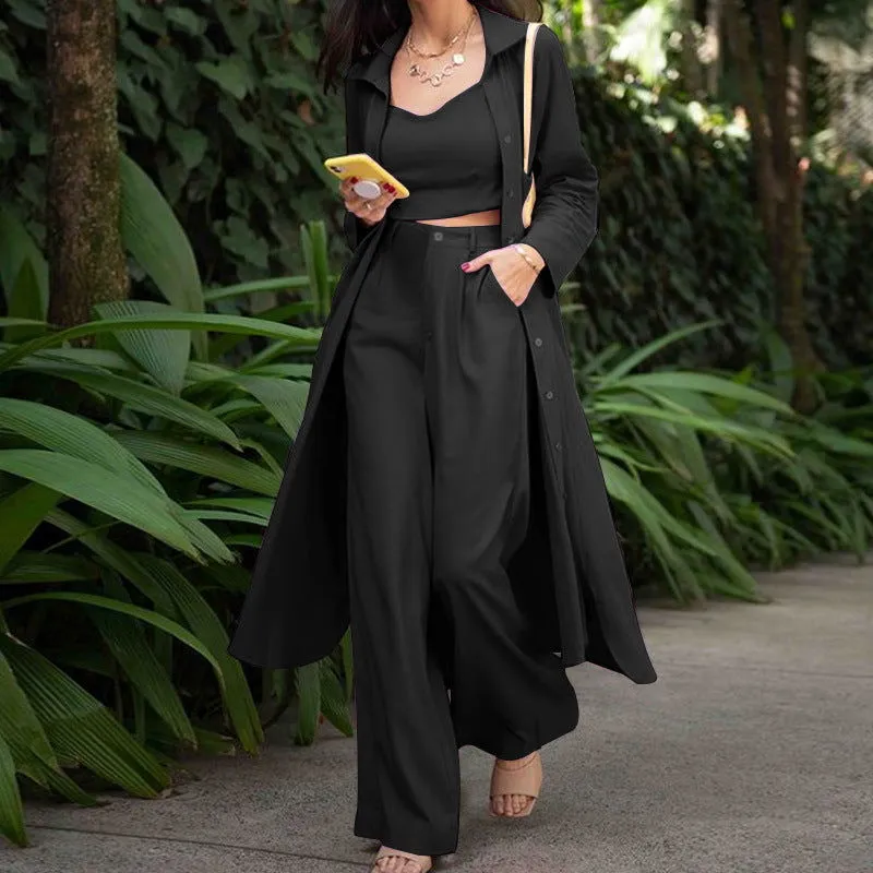 3Pcs Crop Top, Wide Leg Pants with Trench Coat