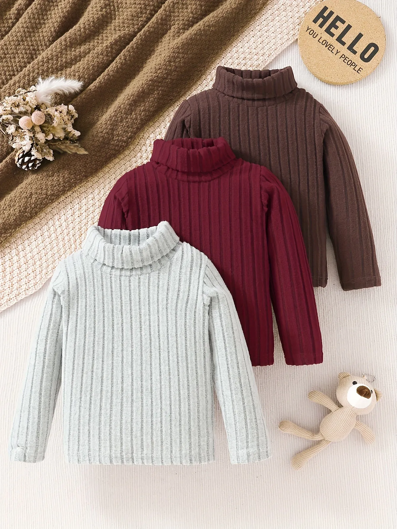 3pcs Kid's Solid Turtleneck Sweater, Long Sleeve, Knit Top, Fall/Winter, Gift