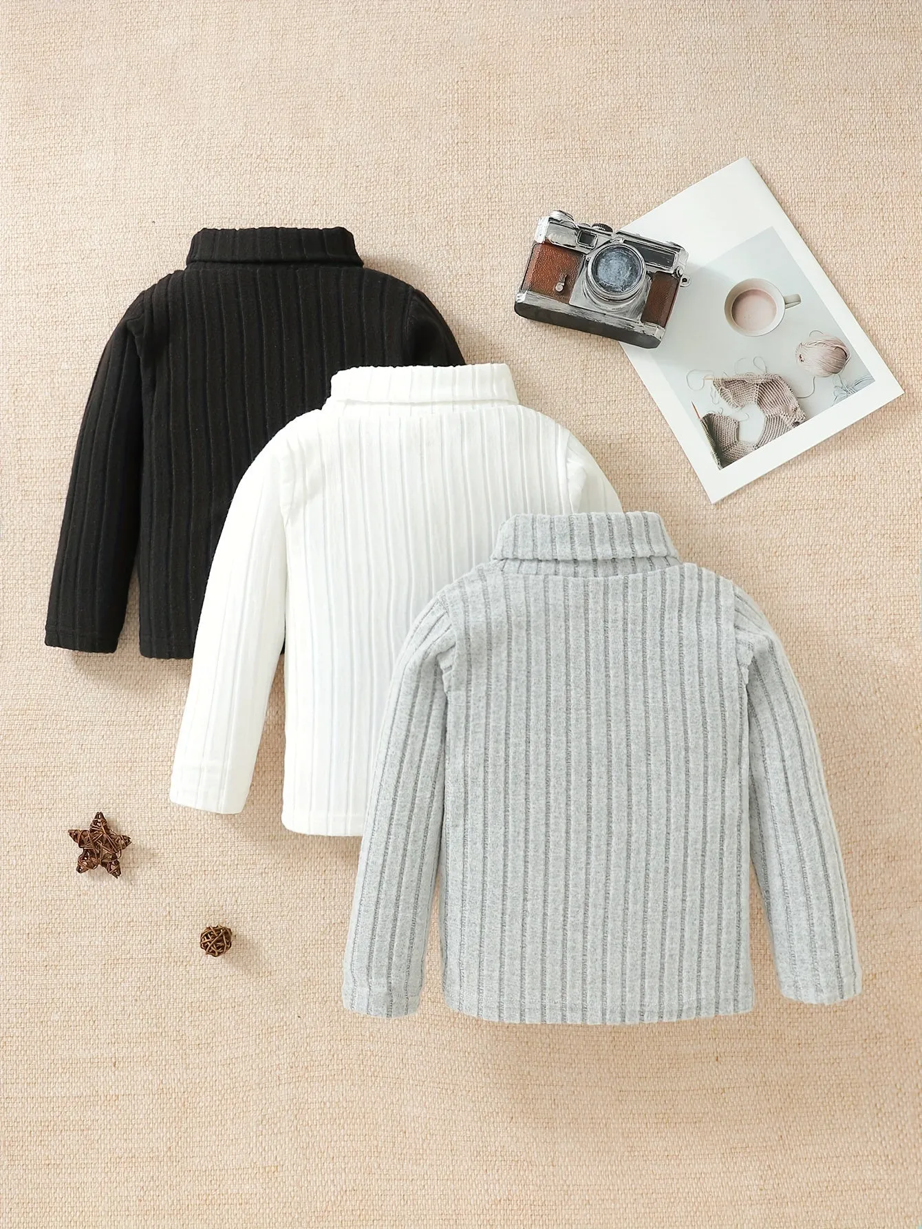 3pcs Kid's Solid Turtleneck Sweater, Long Sleeve, Knit Top, Fall/Winter, Gift