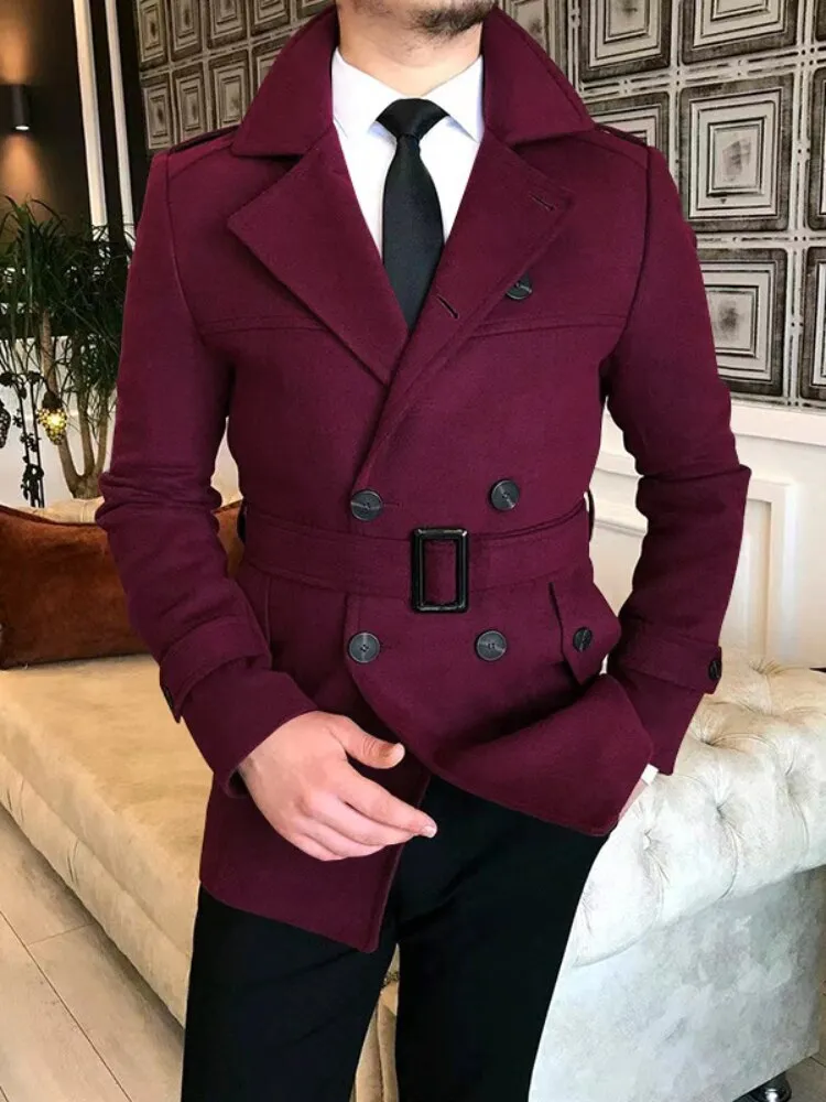 Advbridge Lapel Double Row Button Casual Trench Coat Woolen Coat with Belt Men's Trench Coat Autumn Men's Woolen Business Jacket