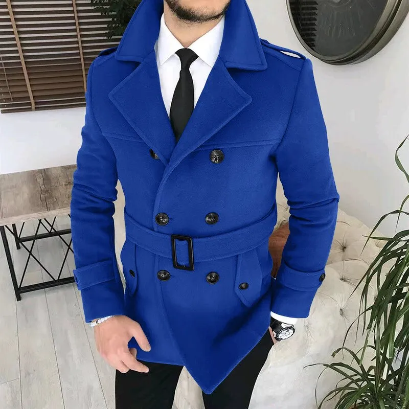 Advbridge Lapel Double Row Button Casual Trench Coat Woolen Coat with Belt Men's Trench Coat Autumn Men's Woolen Business Jacket