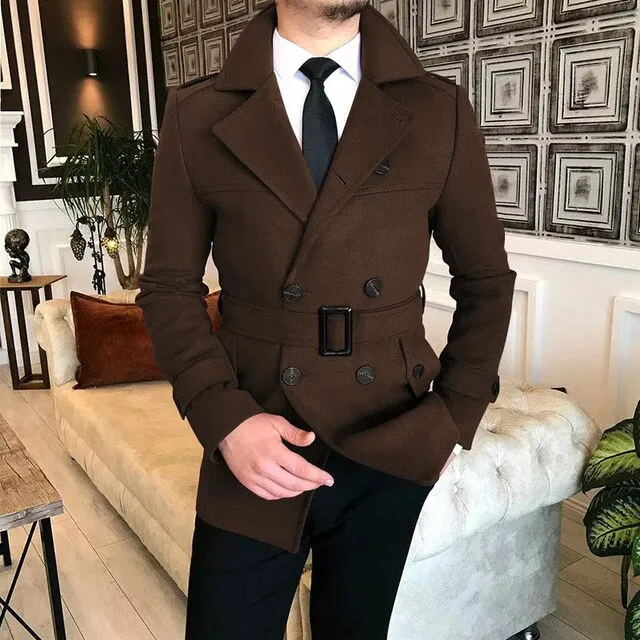 Advbridge Lapel Double Row Button Casual Trench Coat Woolen Coat with Belt Men's Trench Coat Autumn Men's Woolen Business Jacket