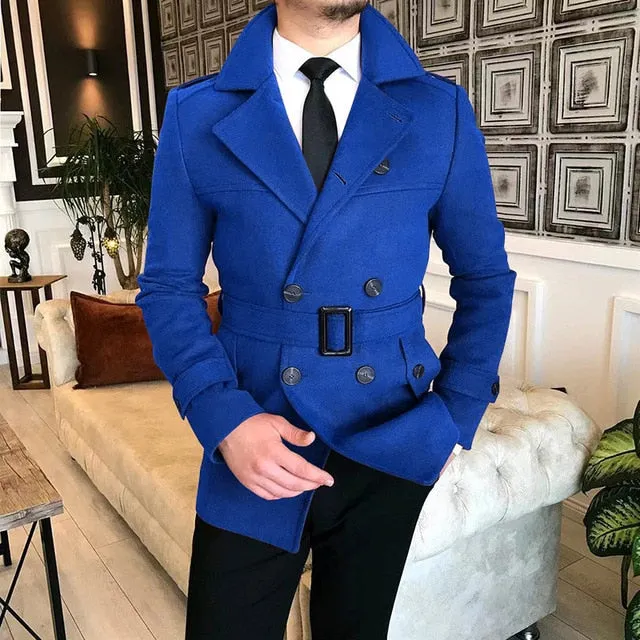 Advbridge Lapel Double Row Button Casual Trench Coat Woolen Coat with Belt Men's Trench Coat Autumn Men's Woolen Business Jacket