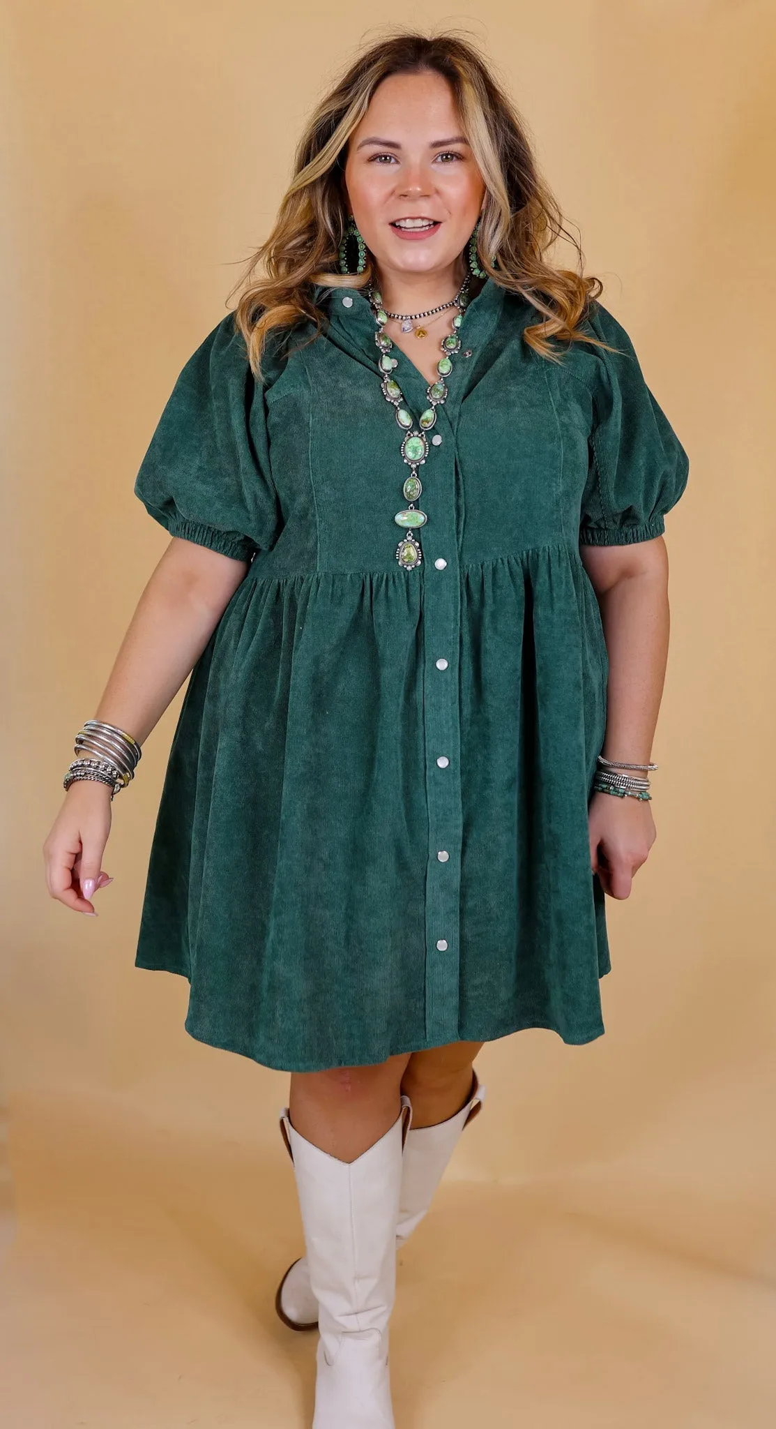 Adventures Ahead Button Up Corduroy Babydoll Dress in Dusty Teal