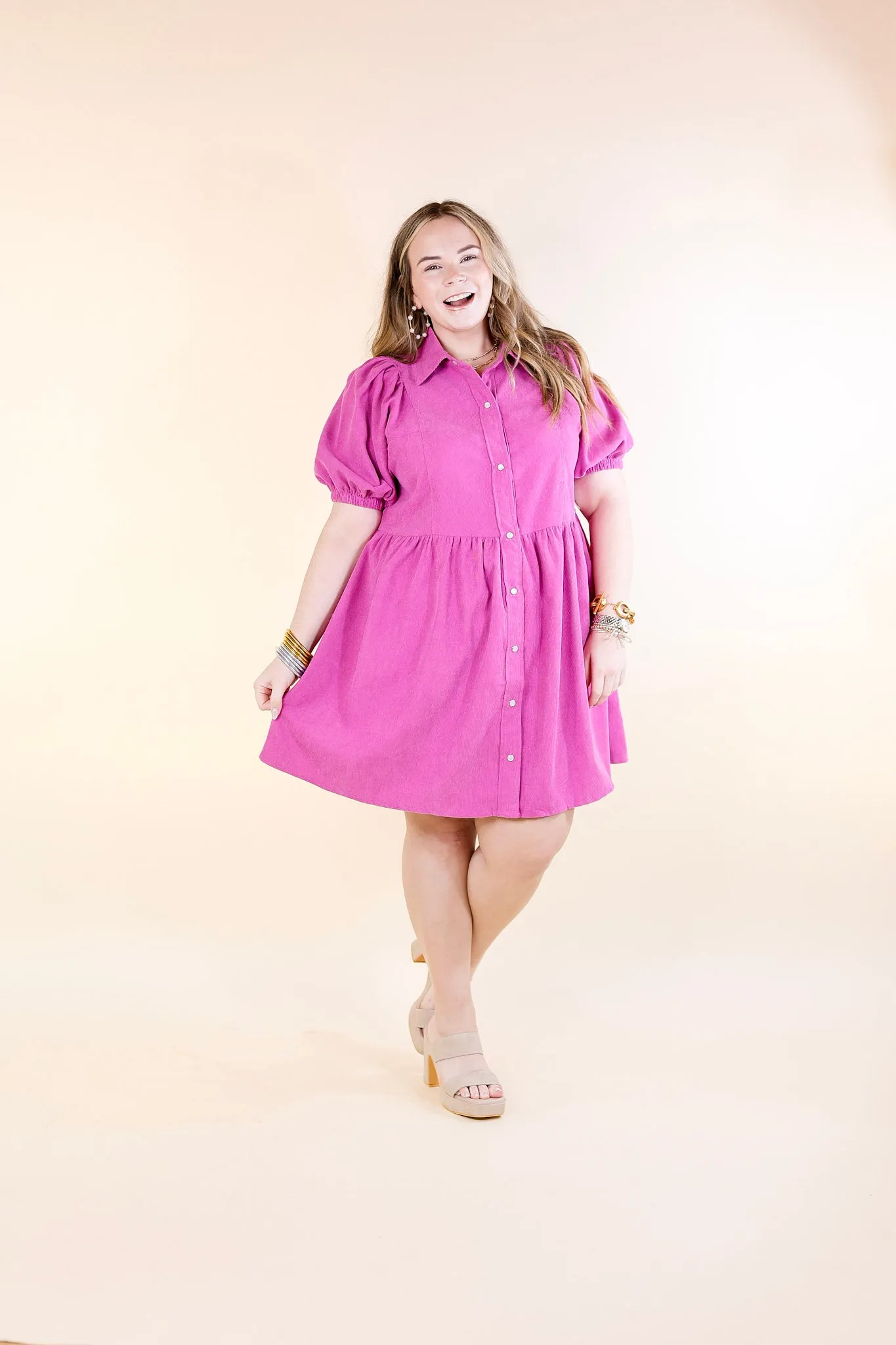 Adventures Ahead Button Up Corduroy Babydoll Dress in Magenta Pink Purple