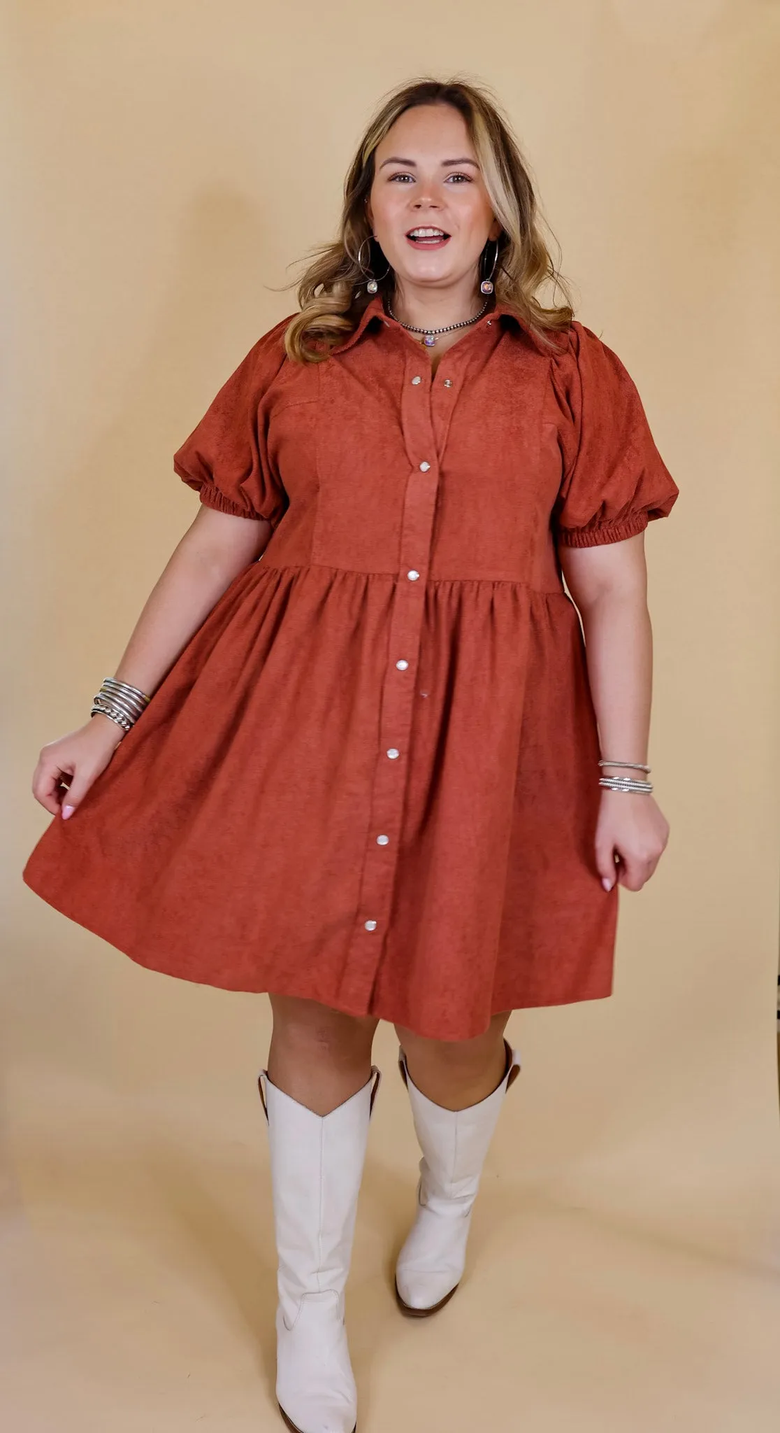 Adventures Ahead Button Up Corduroy Babydoll Dress in Terracotta