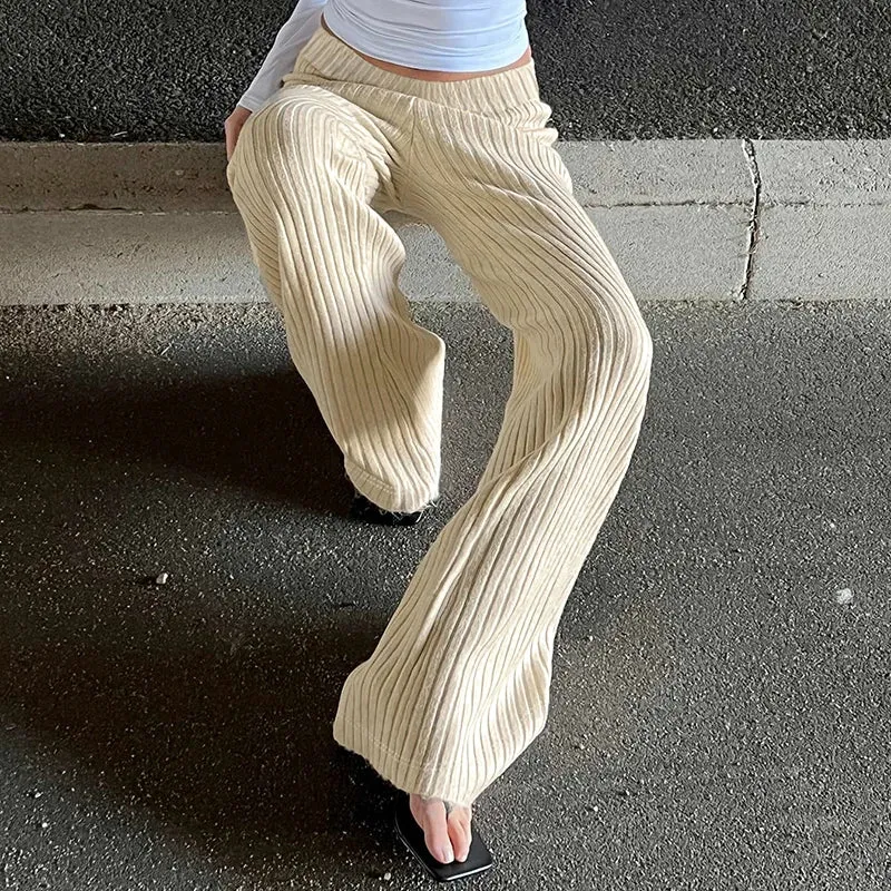 Amozae Winter Knitted Straight Pants Beige Casual Women Basic Slim Trousers High Street Minimalism Lady Knitwear Outfits