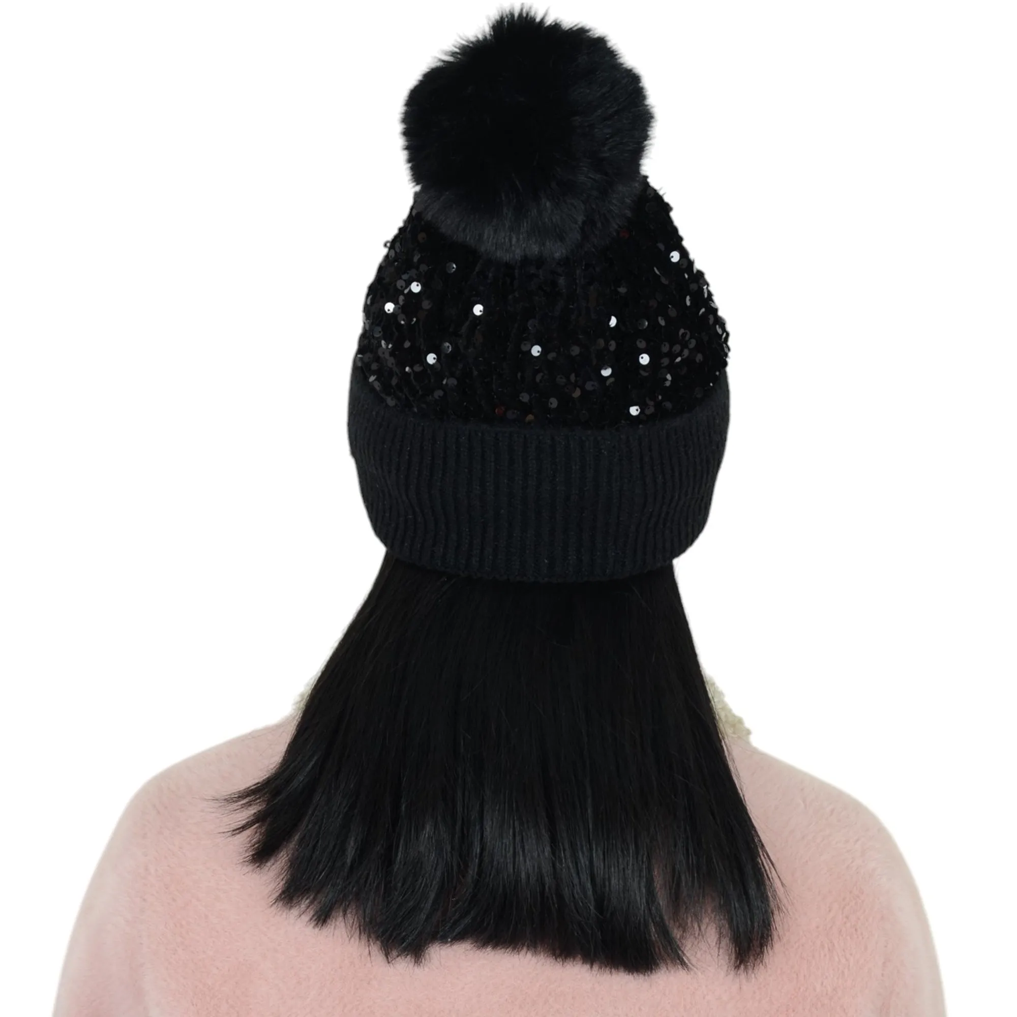 Anna-Kaci Sparkly Sequin Beanie Hat with Faux Fur Pom Pom Knit Skull Cap for Women