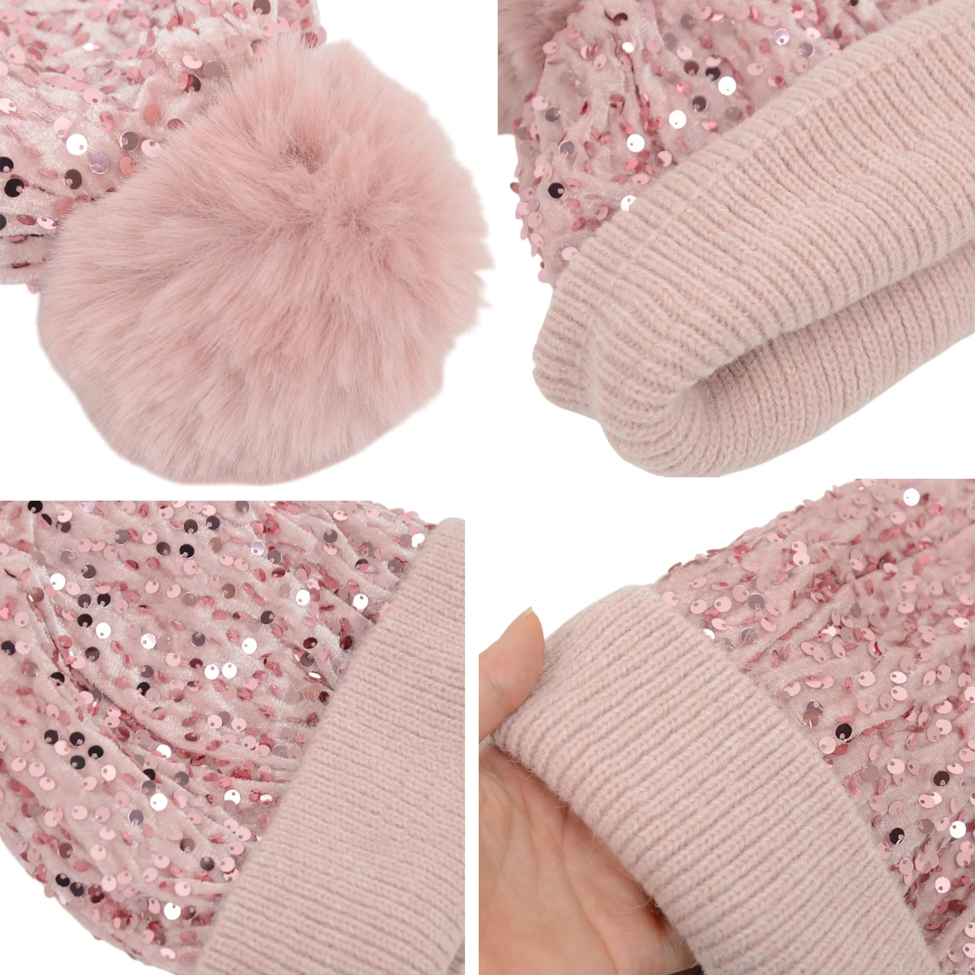 Anna-Kaci Sparkly Sequin Beanie Hat with Faux Fur Pom Pom Knit Skull Cap for Women