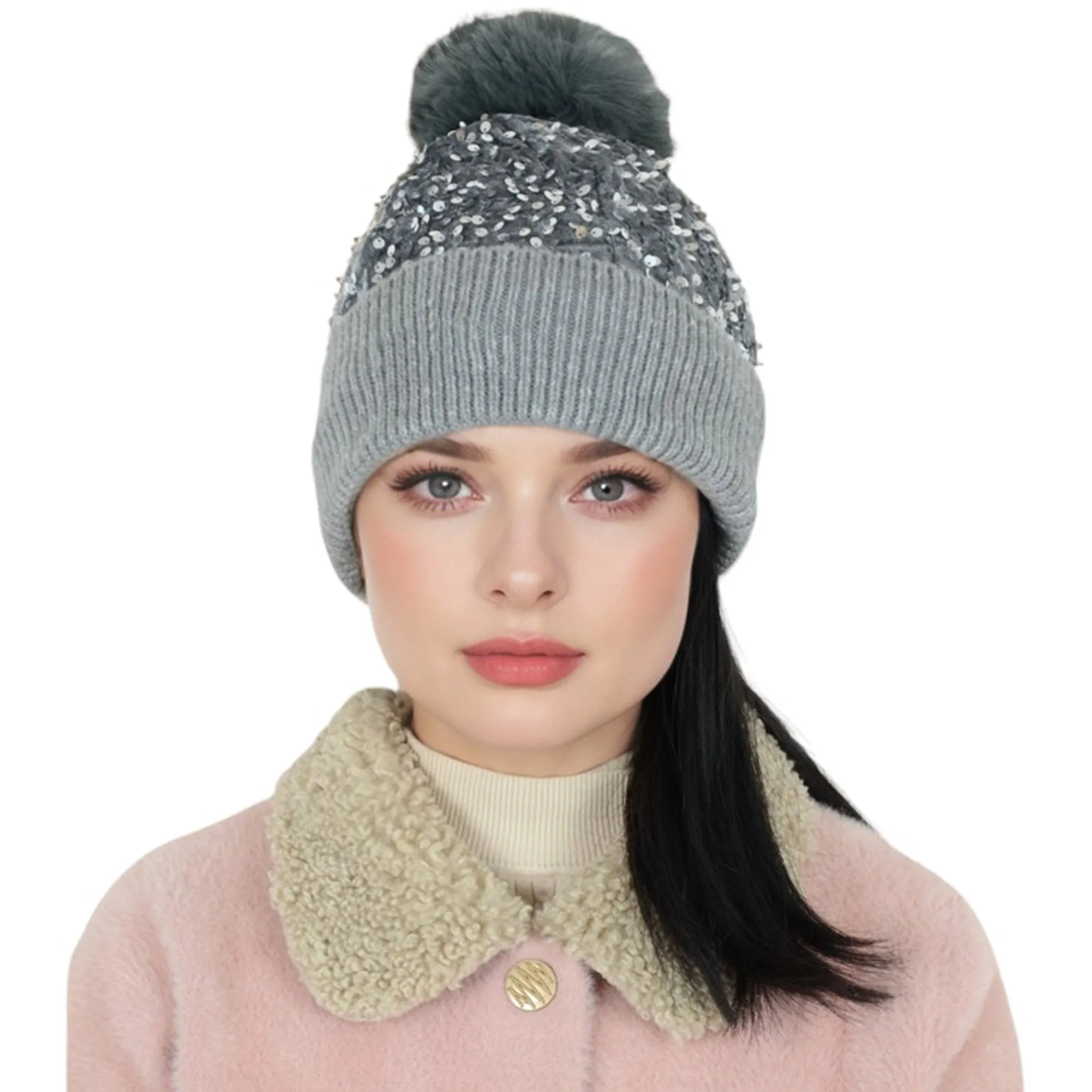 Anna-Kaci Sparkly Sequin Beanie Hat with Faux Fur Pom Pom Knit Skull Cap for Women