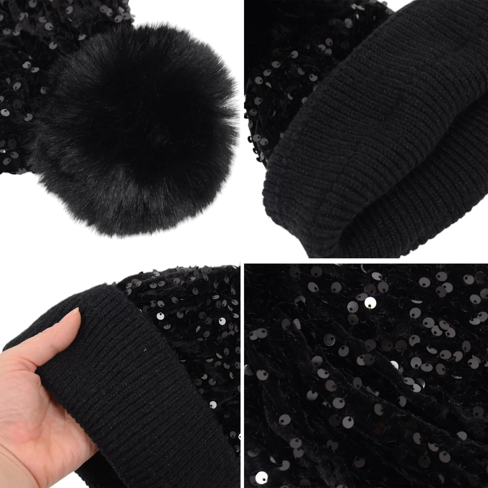 Anna-Kaci Sparkly Sequin Beanie Hat with Faux Fur Pom Pom Knit Skull Cap for Women