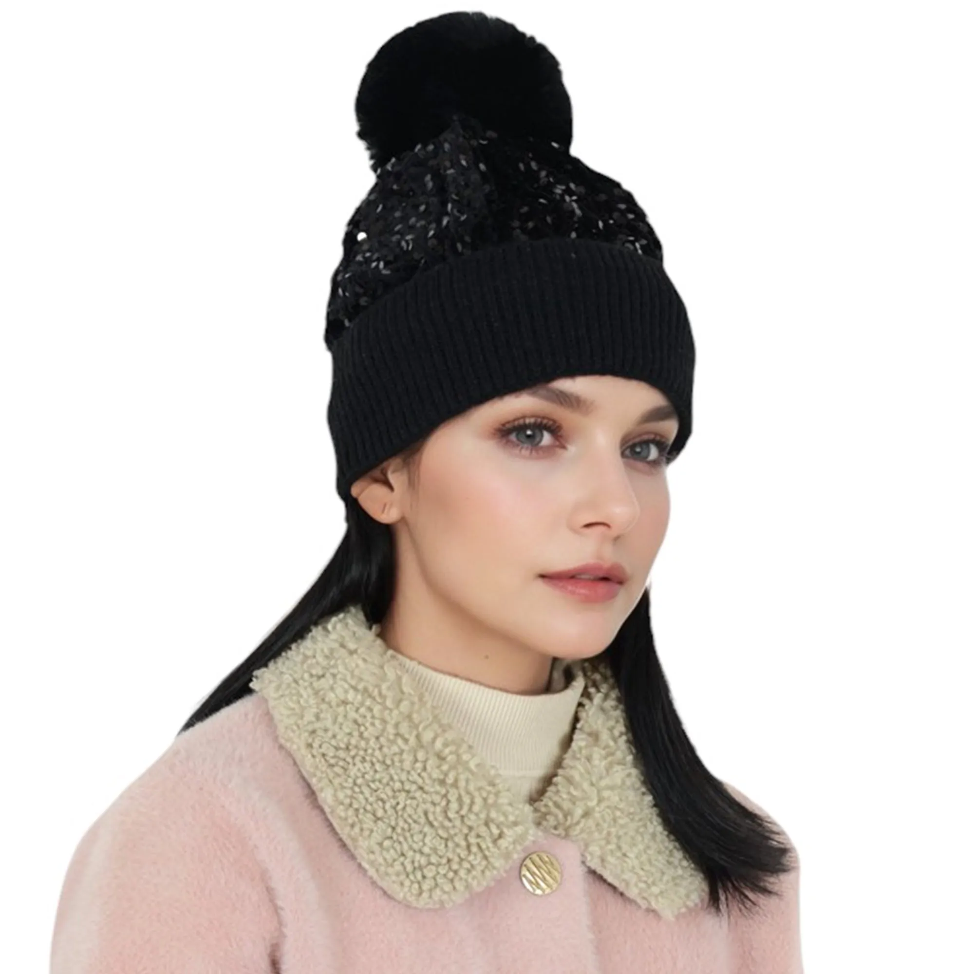 Anna-Kaci Sparkly Sequin Beanie Hat with Faux Fur Pom Pom Knit Skull Cap for Women