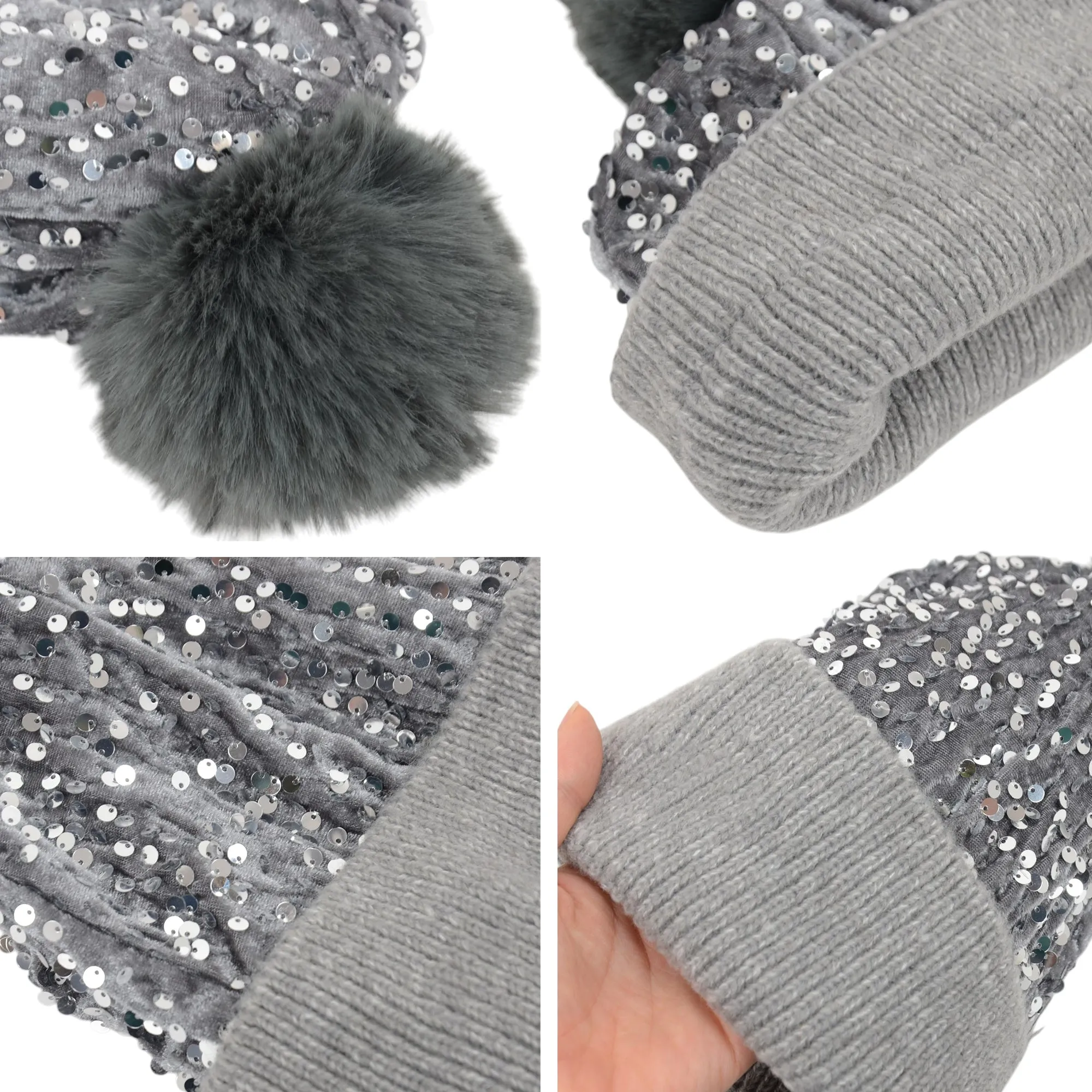 Anna-Kaci Sparkly Sequin Beanie Hat with Faux Fur Pom Pom Knit Skull Cap for Women