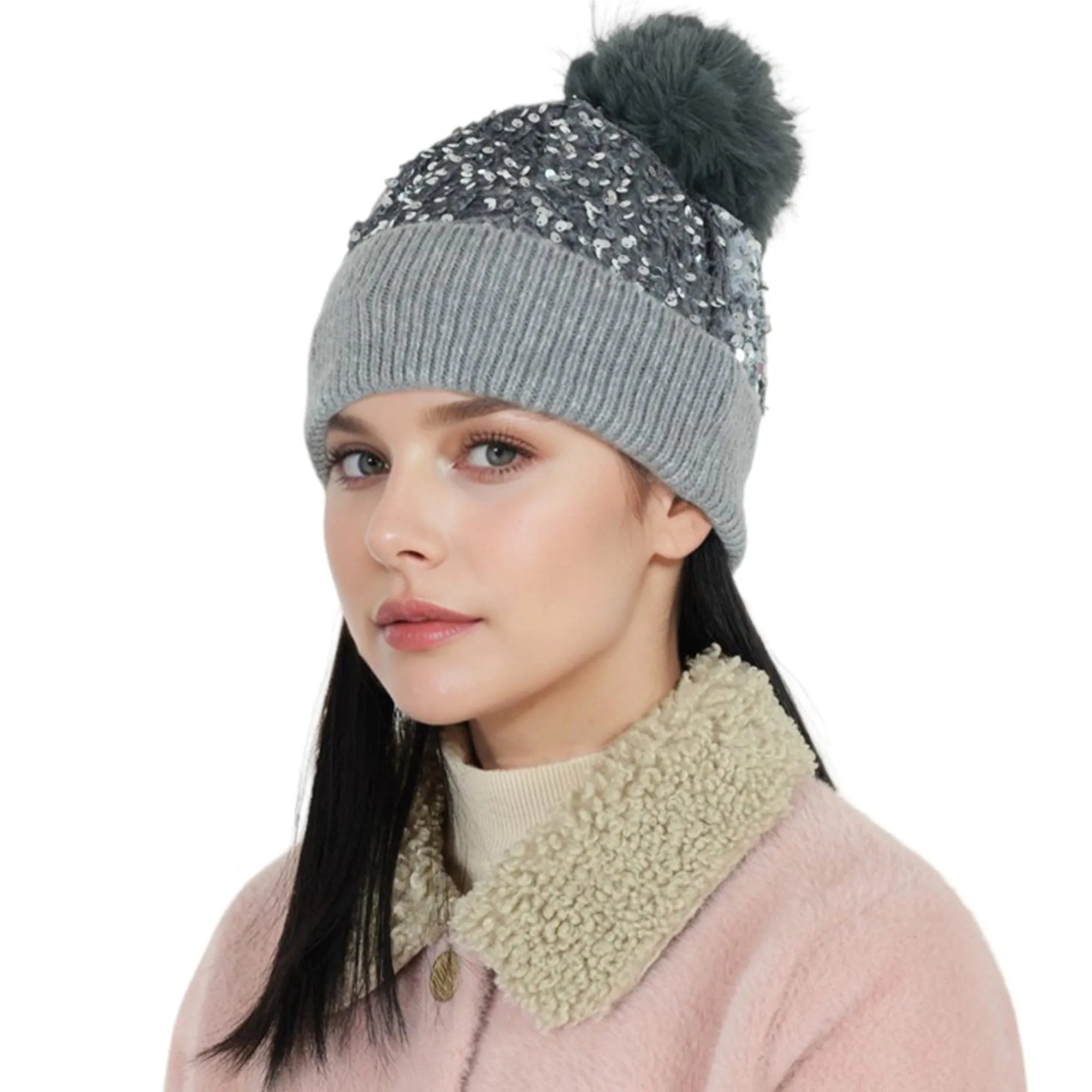 Anna-Kaci Sparkly Sequin Beanie Hat with Faux Fur Pom Pom Knit Skull Cap for Women