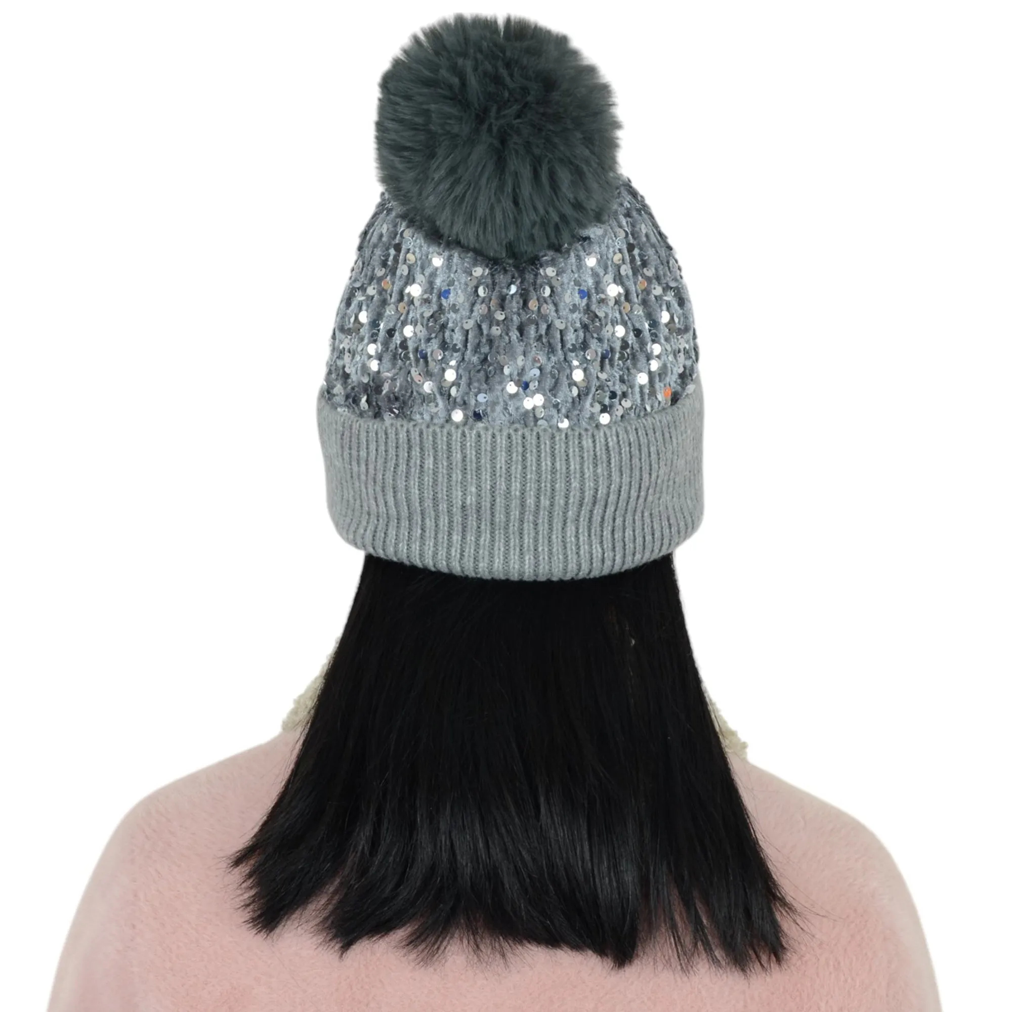 Anna-Kaci Sparkly Sequin Beanie Hat with Faux Fur Pom Pom Knit Skull Cap for Women