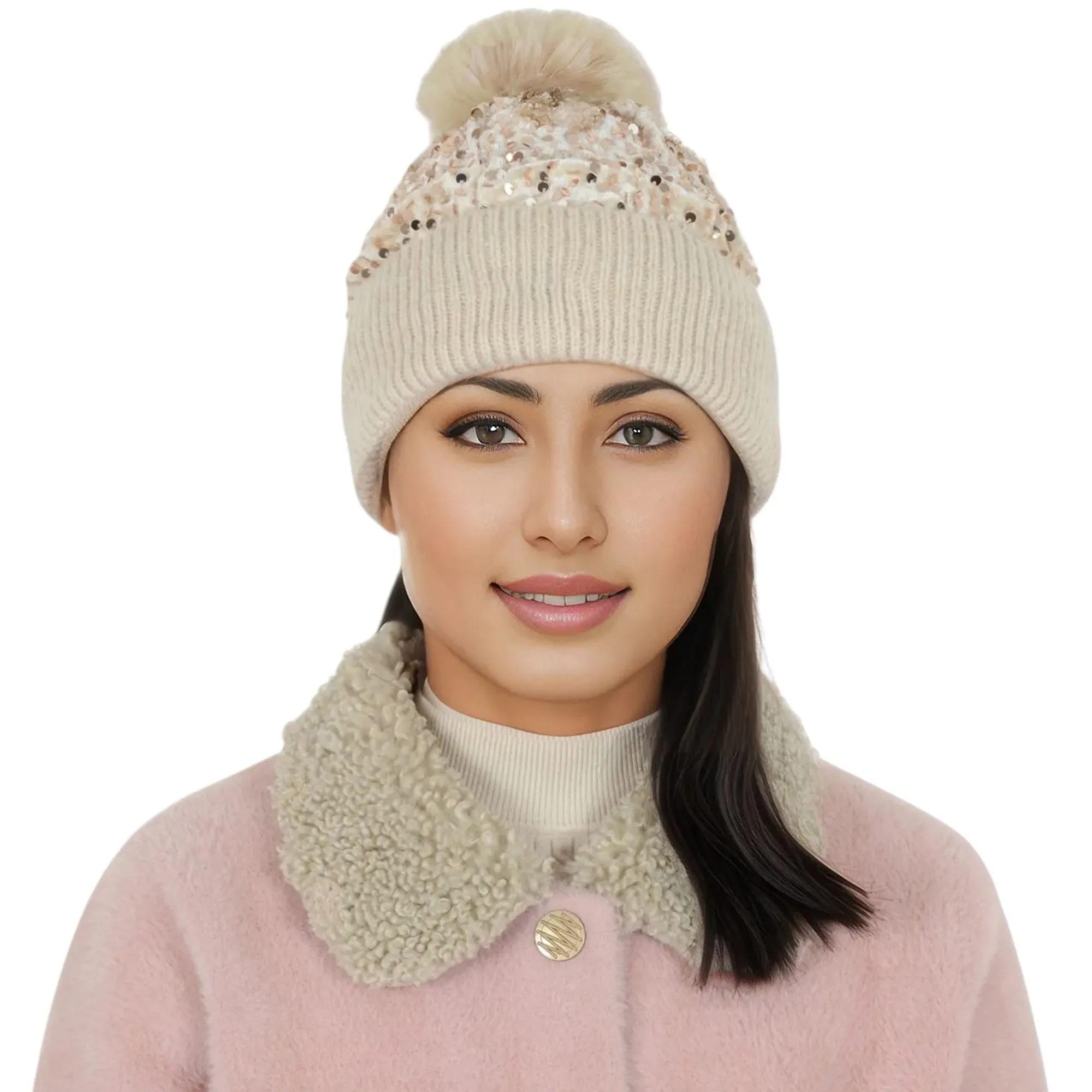 Anna-Kaci Sparkly Sequin Beanie Hat with Faux Fur Pom Pom Knit Skull Cap for Women