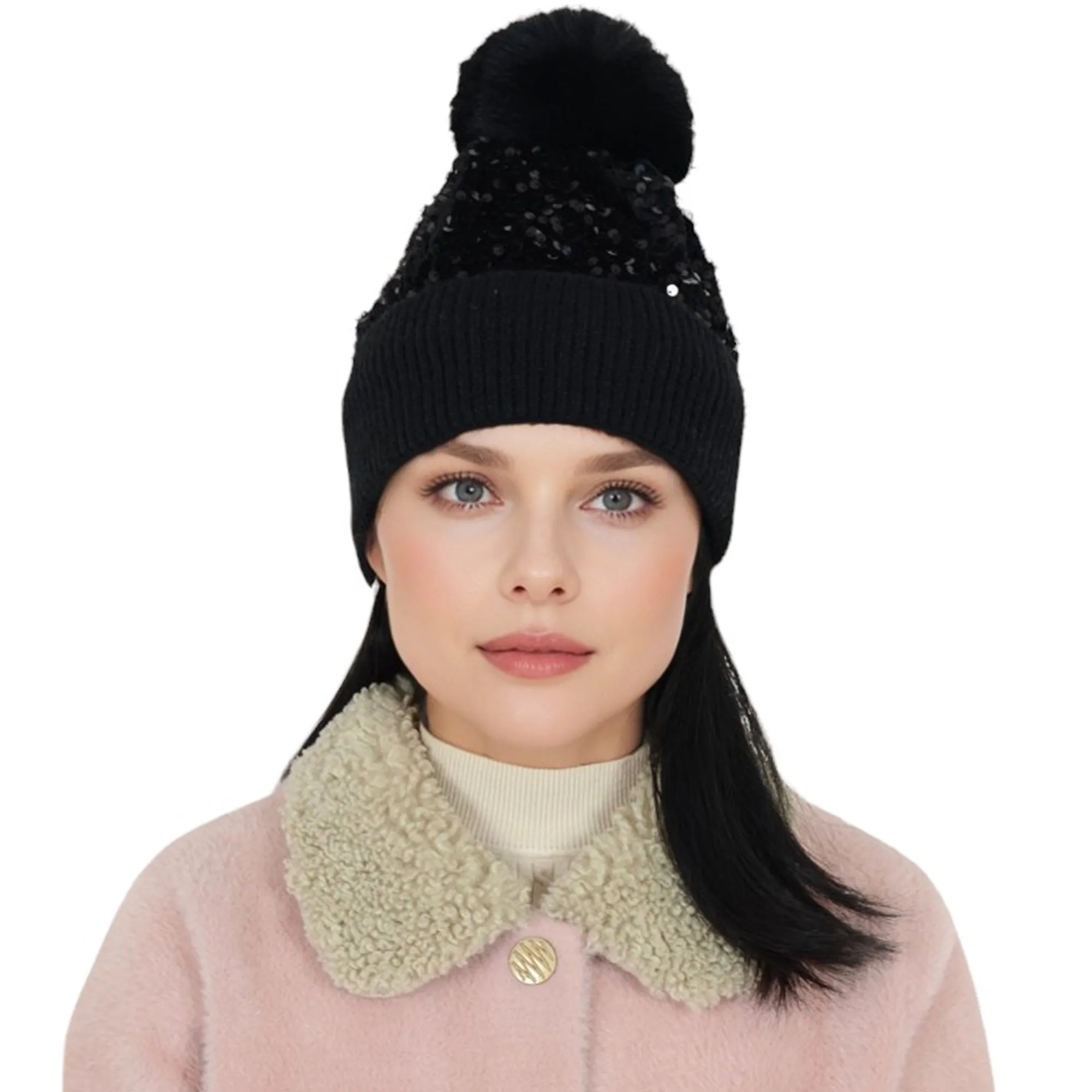 Anna-Kaci Sparkly Sequin Beanie Hat with Faux Fur Pom Pom Knit Skull Cap for Women