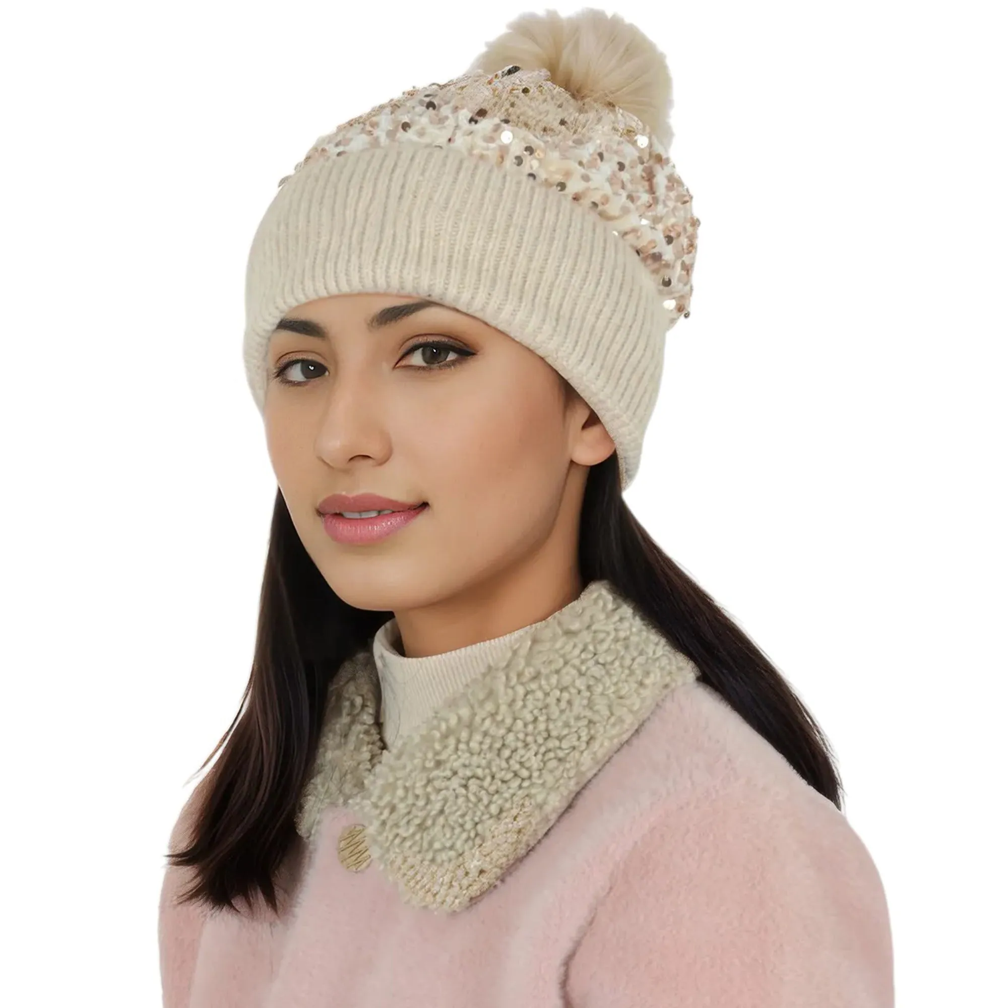 Anna-Kaci Sparkly Sequin Beanie Hat with Faux Fur Pom Pom Knit Skull Cap for Women