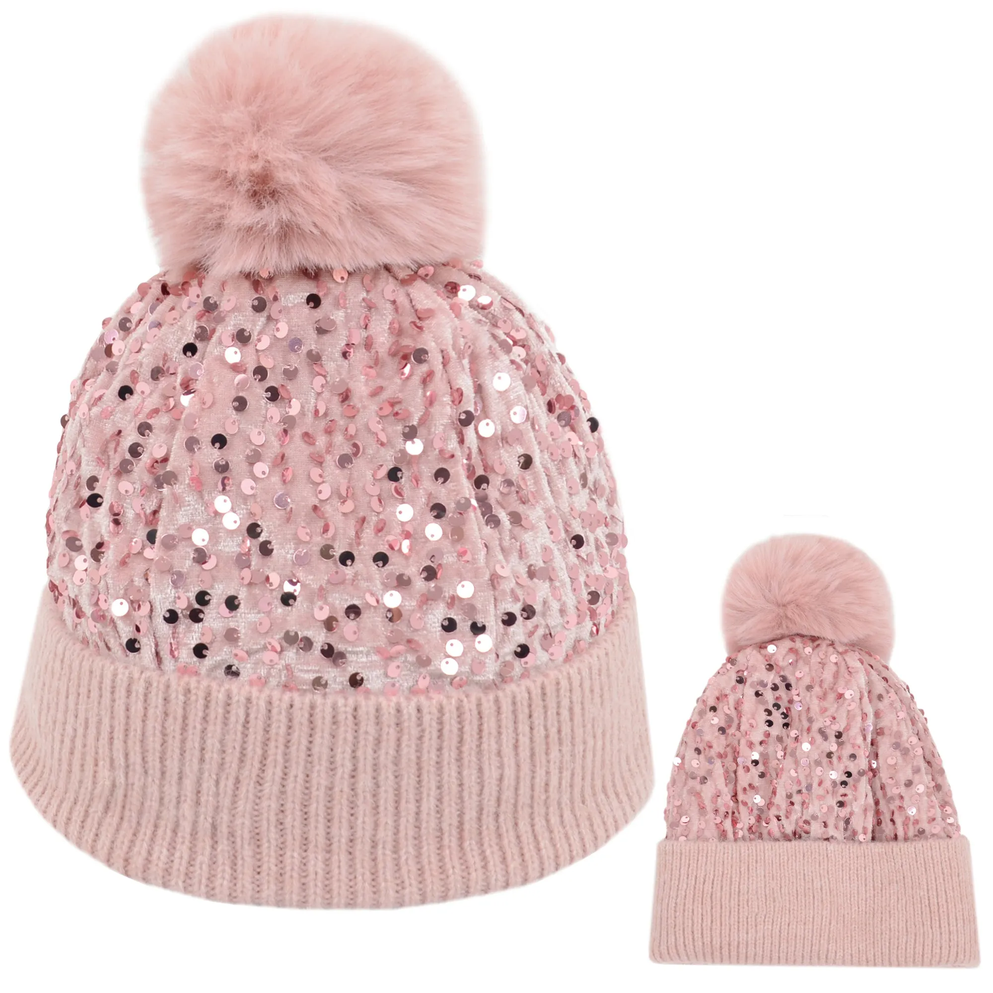 Anna-Kaci Sparkly Sequin Beanie Hat with Faux Fur Pom Pom Knit Skull Cap for Women