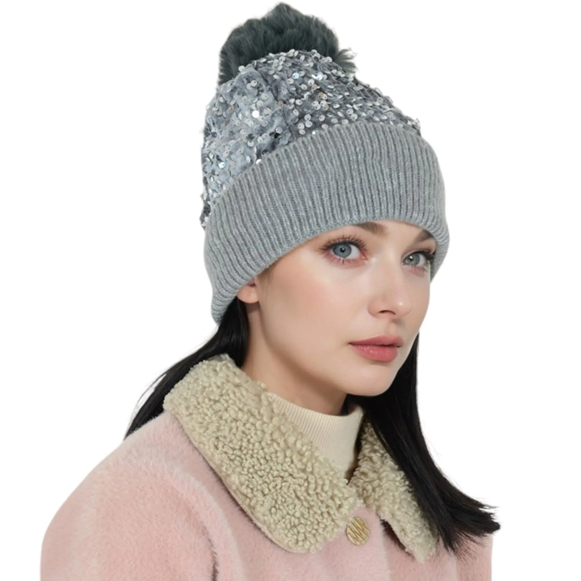 Anna-Kaci Sparkly Sequin Beanie Hat with Faux Fur Pom Pom Knit Skull Cap for Women